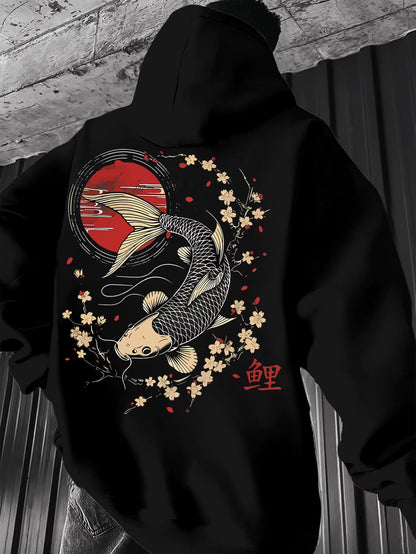 Harajuku Trendy Koi Print Fashionable Men'S Hoodie Autumn and Winter Casual Fashion Long-Sleeved Pullover